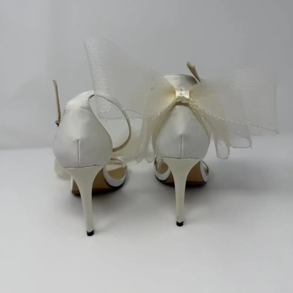White Satin Bow Ankle Strap Stiletto Heels Size 8